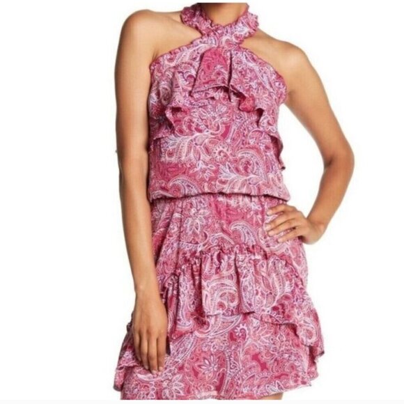 Parker Floral Pink Paisley Halter Mini Dress Ruffles Flirty Feminine Size Small - Picture 11 of 11
